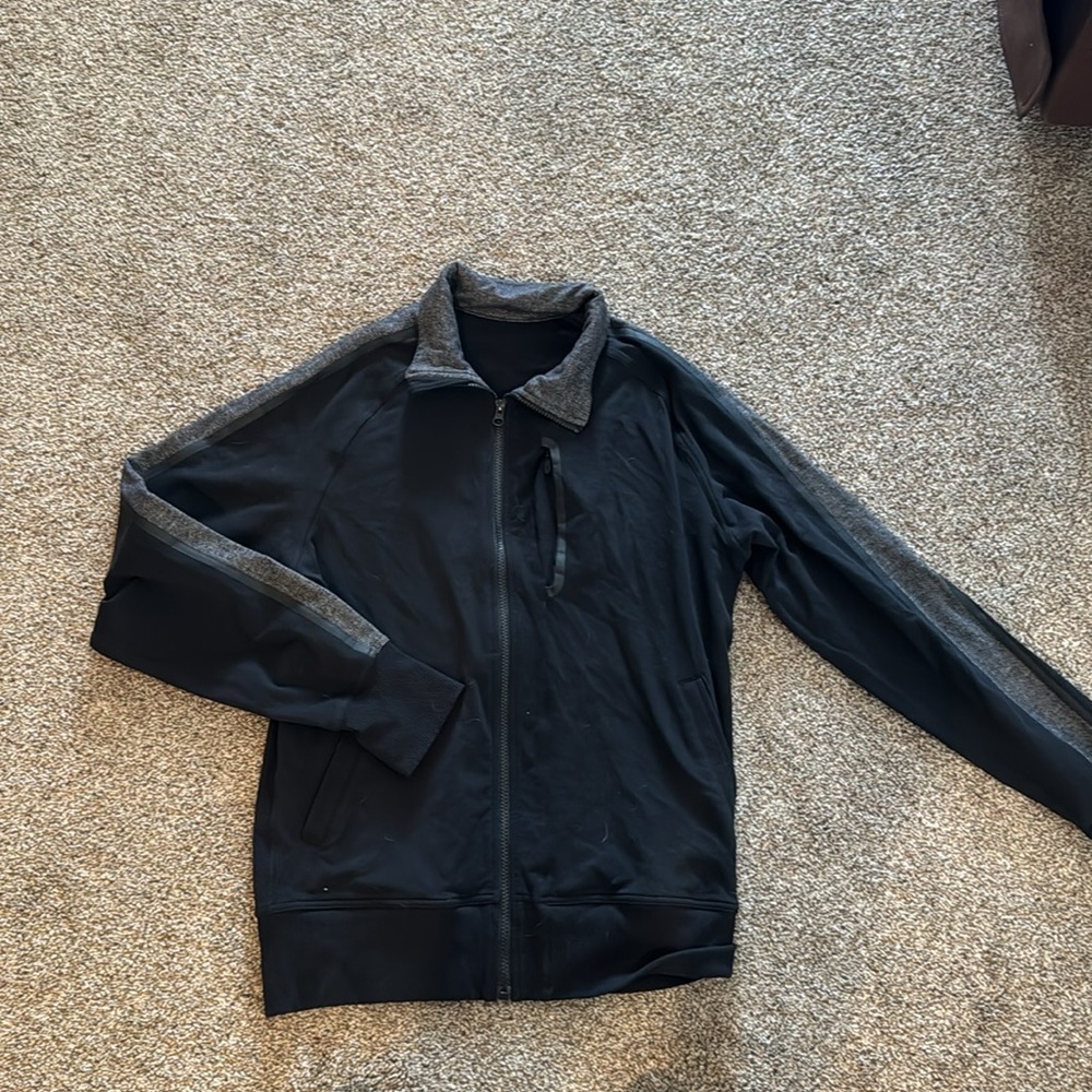 Lululemon Mens Full Zip Jacket Black & Jacquard Pattern Chest Zip Pocket Size L